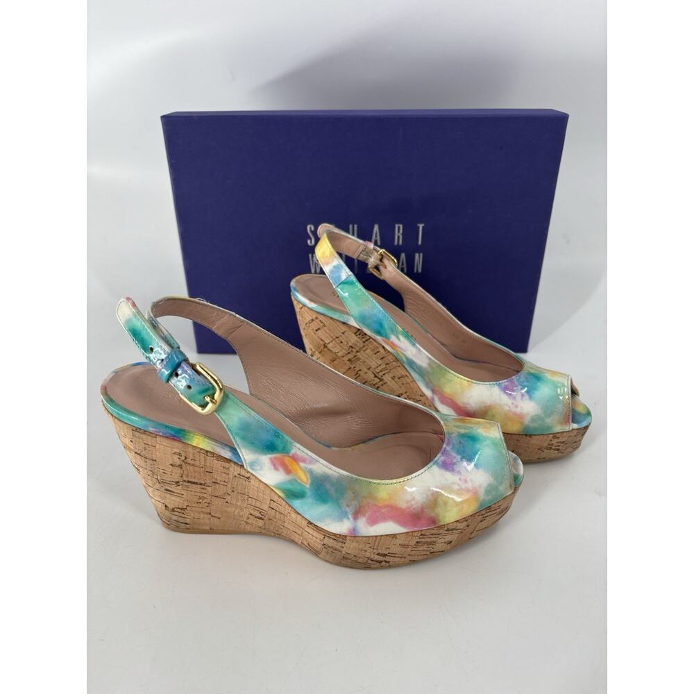 Stuart Weitzman Jean Slingback Wedges Sandals 5.5 Multicolor Patent Leather Peep